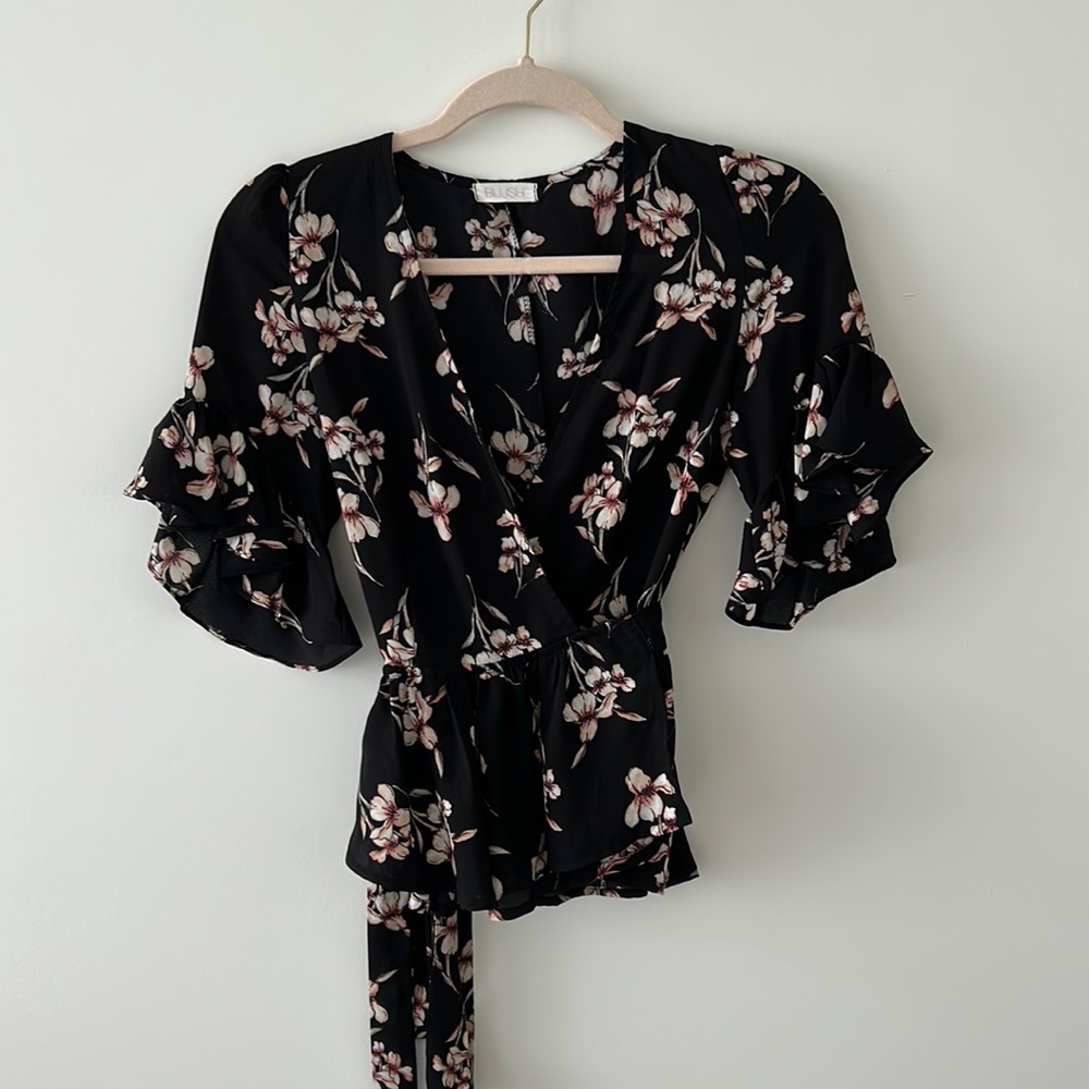 Black silk floral, wraparound blouse